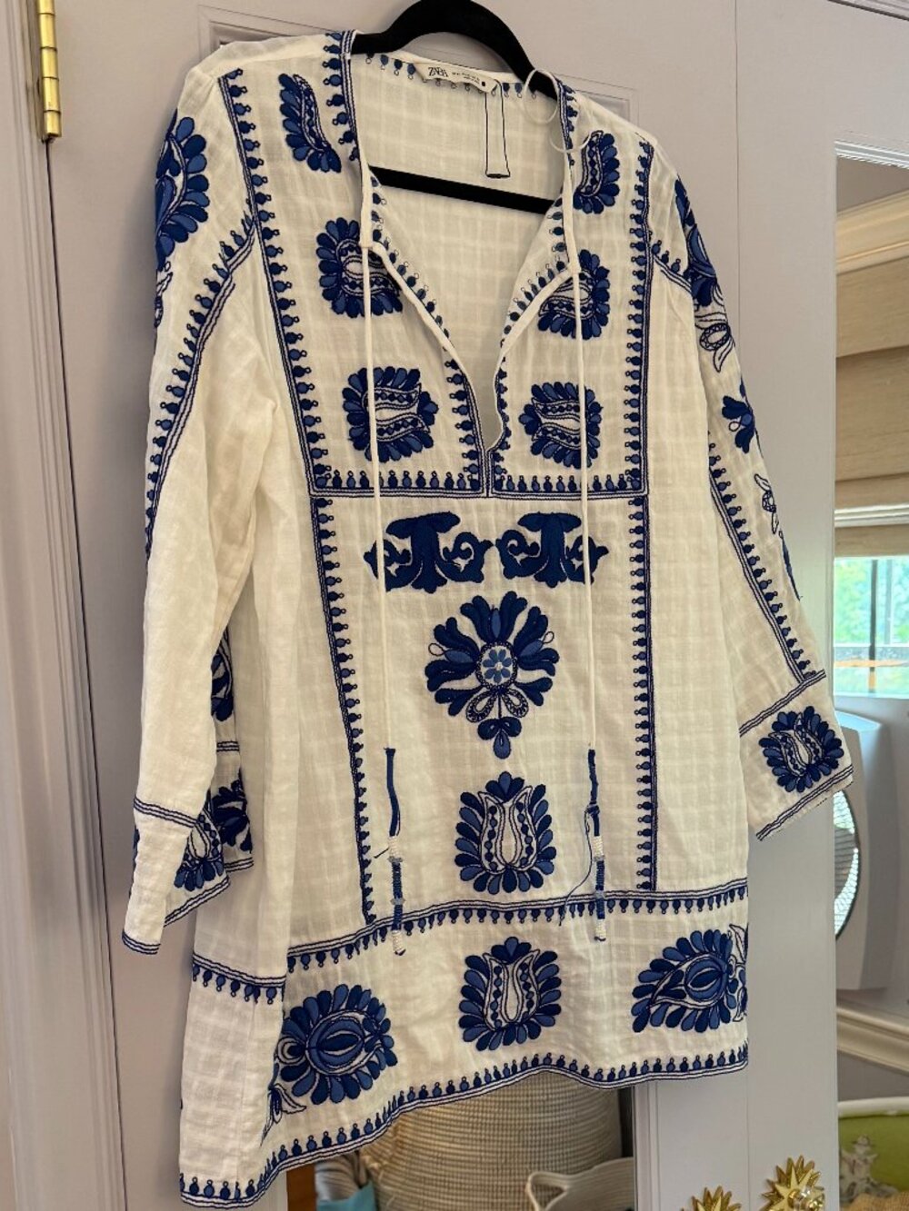 Zara Woman Blue & White Embroidered Shor Kaftan Tunic Dress Size Large